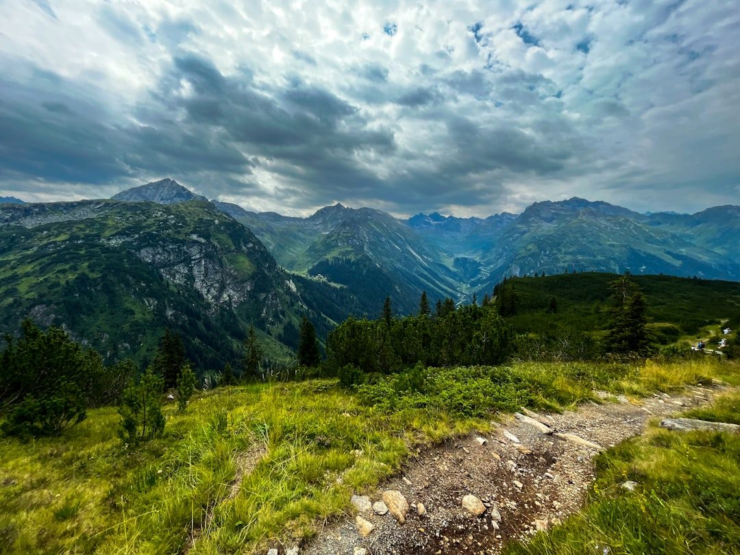 a rocky trail in a valley with trees and mountains in the background
